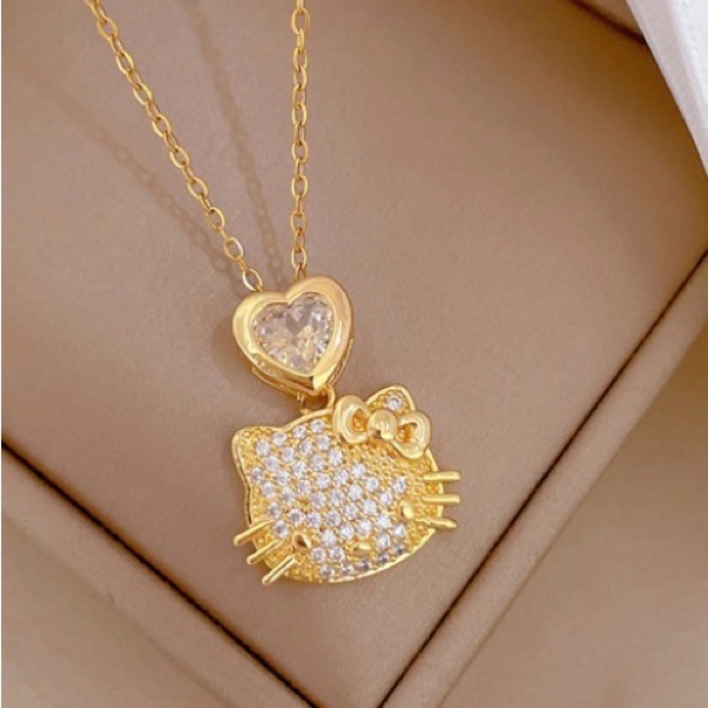 Stainless Steel Gold Hello Kitty Gold Crystal Heart Pendant Necklace